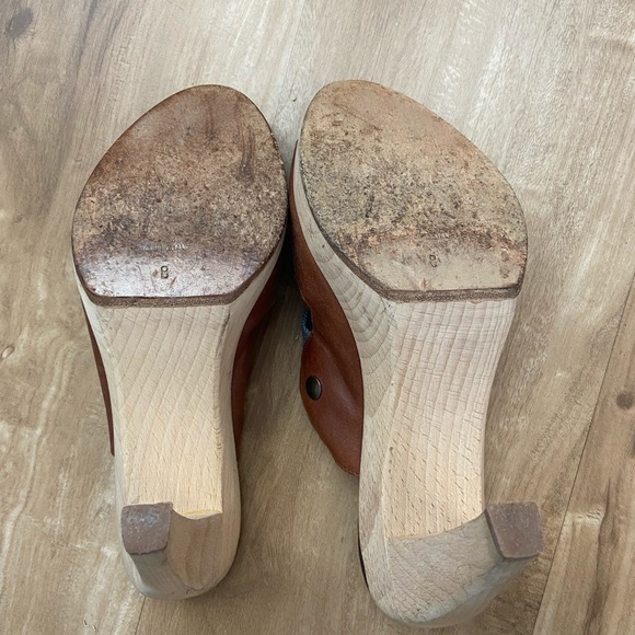 Cynthia Vincent brown leather metallic canvas slide wooden mules sandal heels 8 - Picture 5 of 10